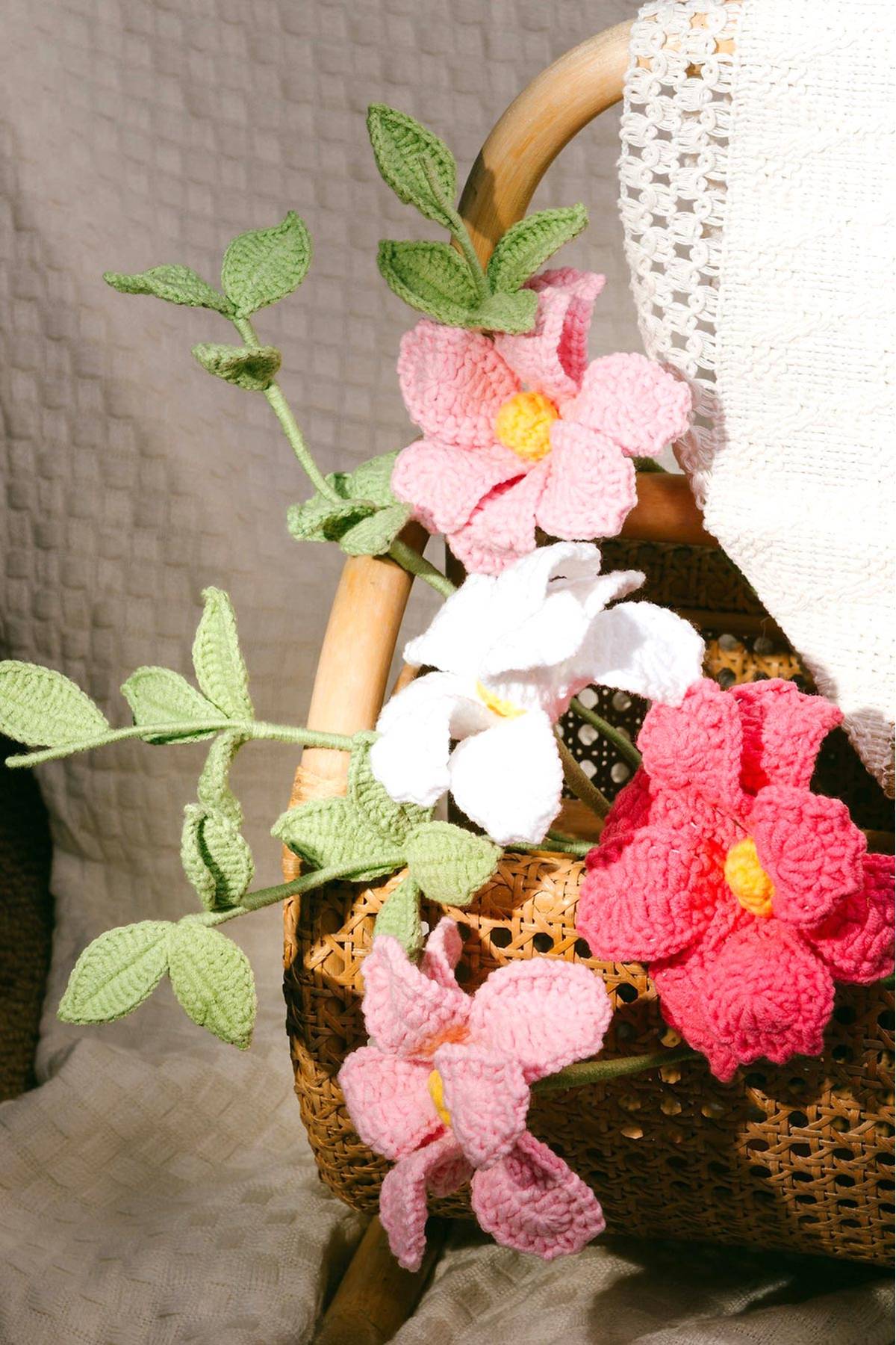 Hand crocheted cosmos flower stem in soft colour, October birth flower gift — Urban Wild