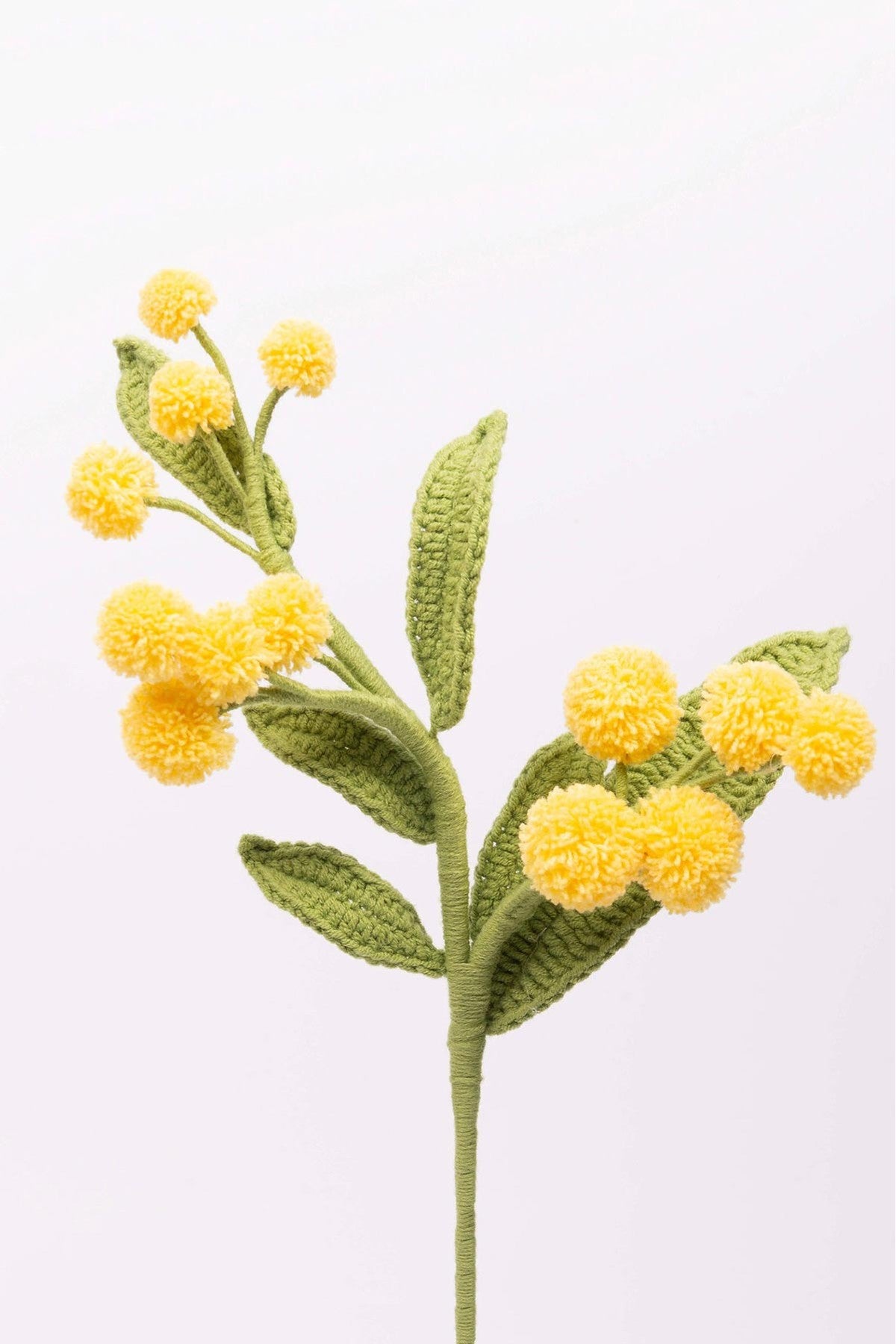 Handmade yellow crochet Mimosa flower stem with green leaves for home decor — Urban Wild
