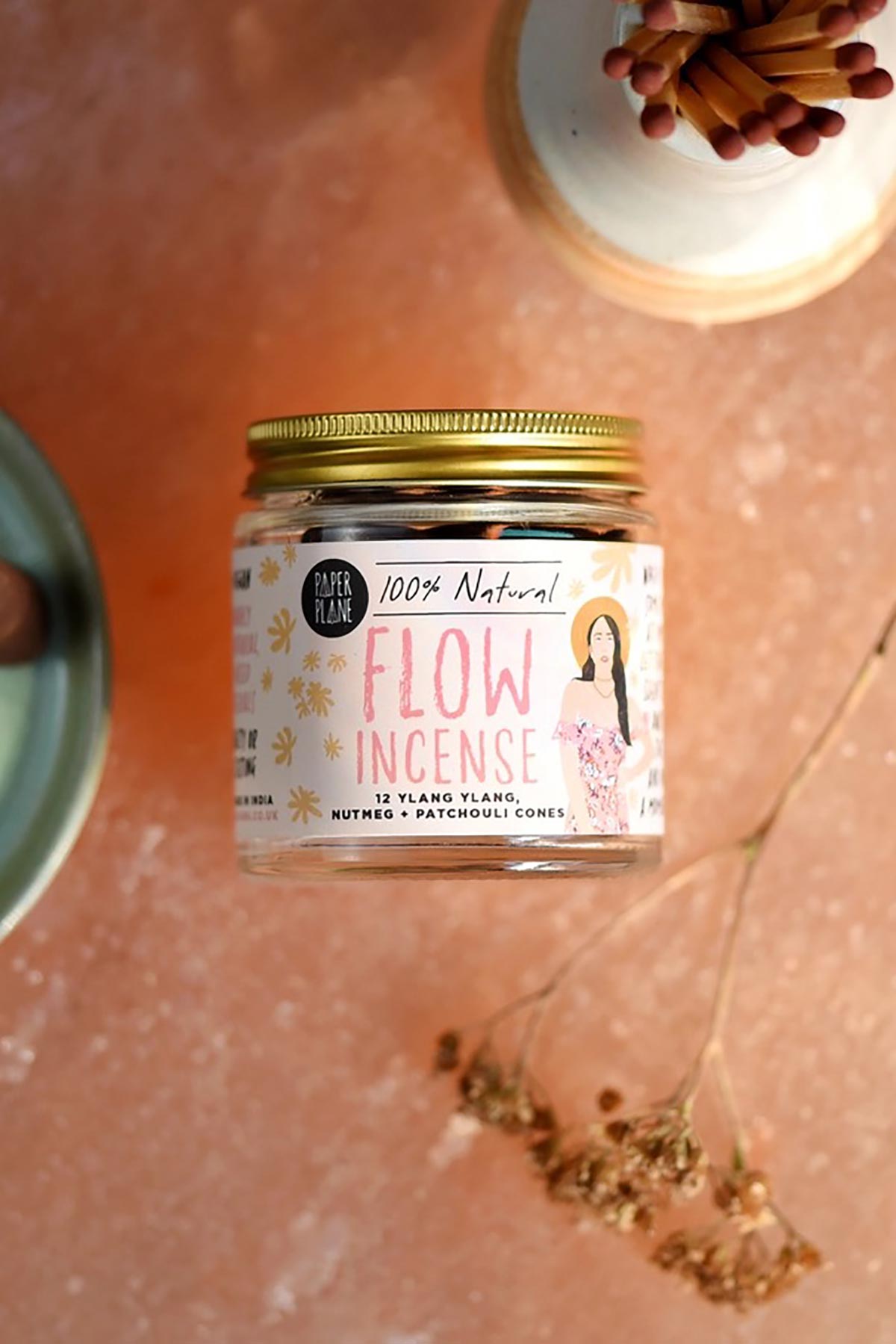 Flow incense cones jar with gold lid on Himalayan salt block flatlay — Urban Wild