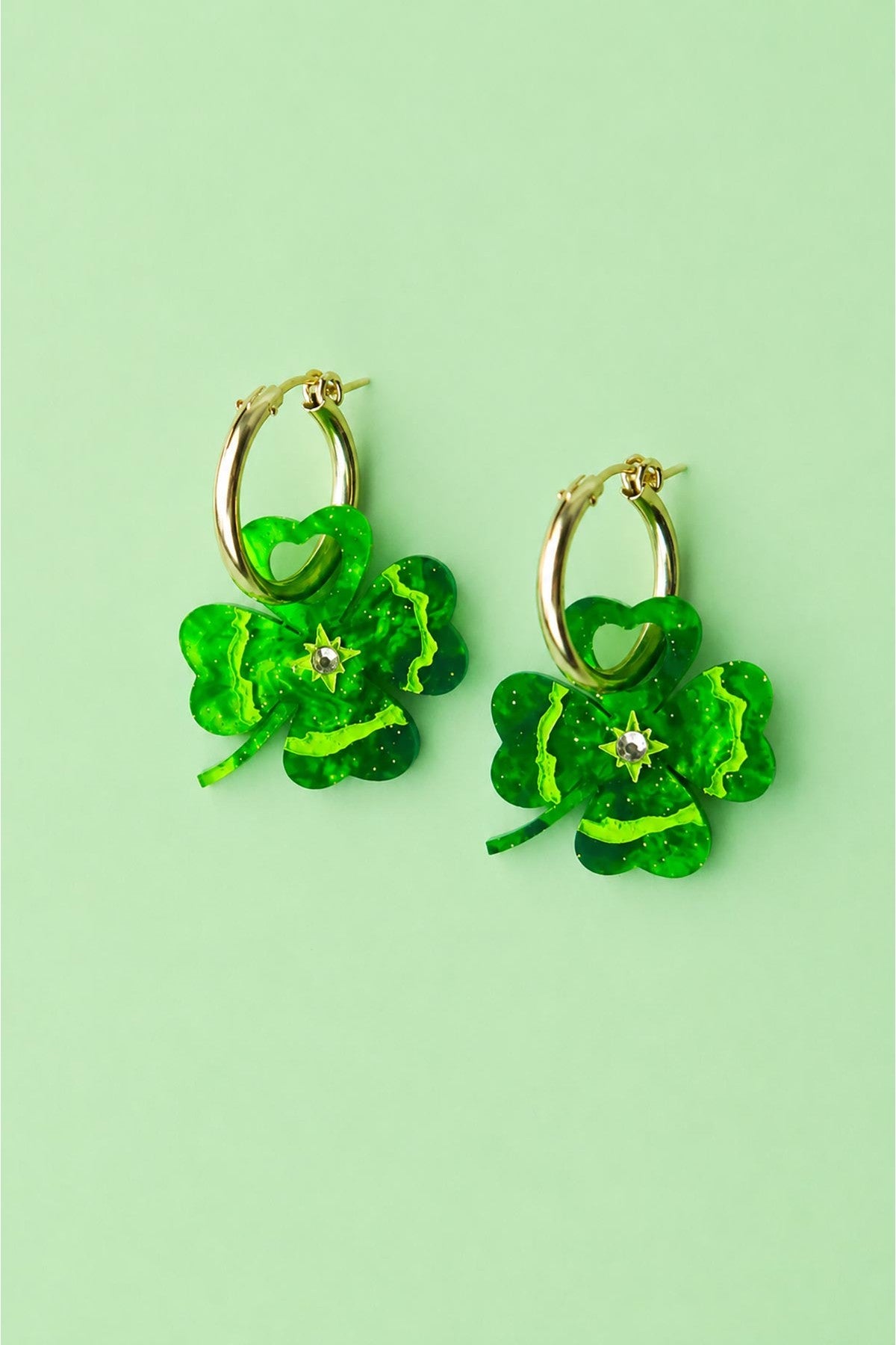 Hand painted four leaf clover shamrock charm hoop earrings in gold — Urban Wild