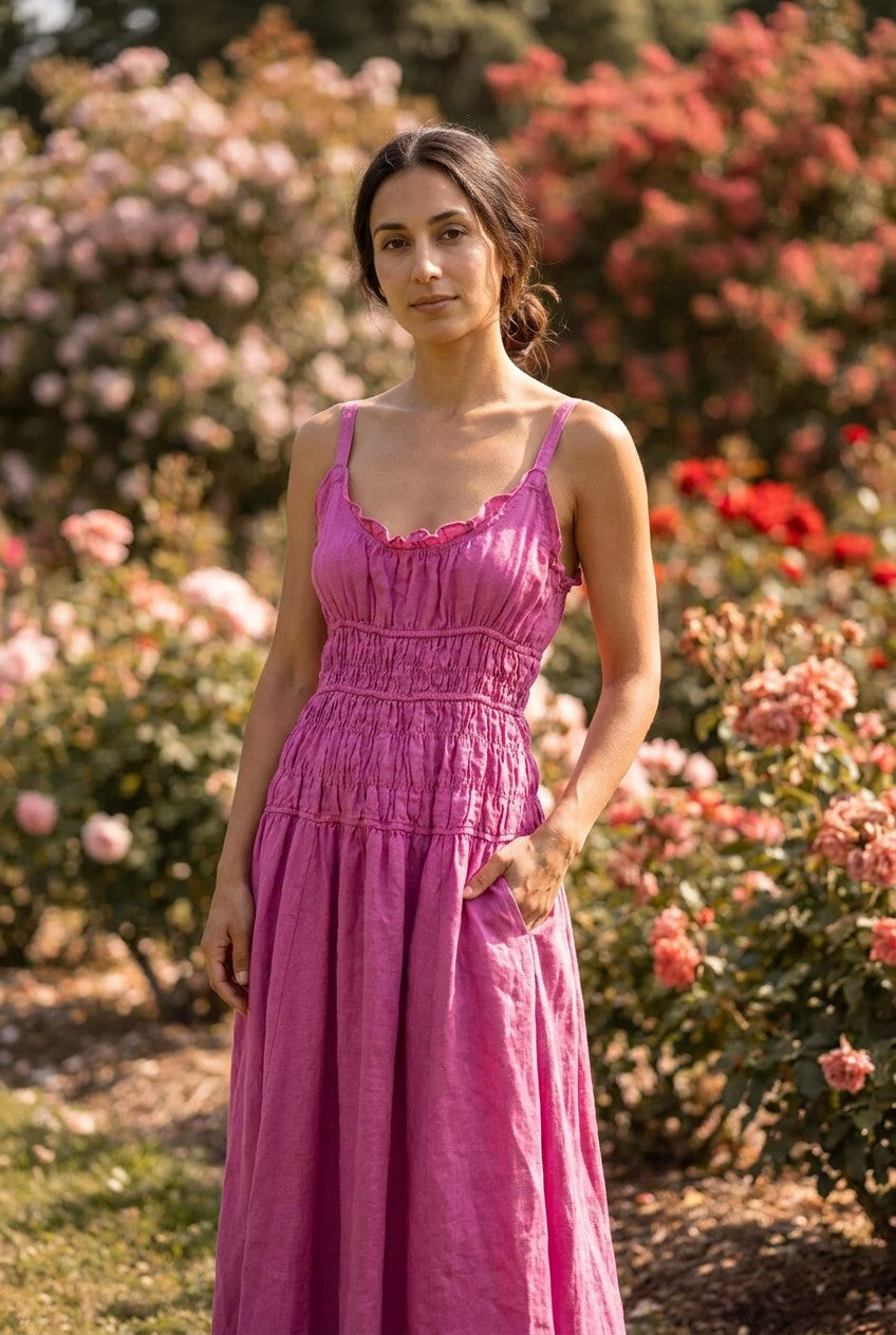 Berry Pink Heavy Linen Smocked Maxi Dress garden