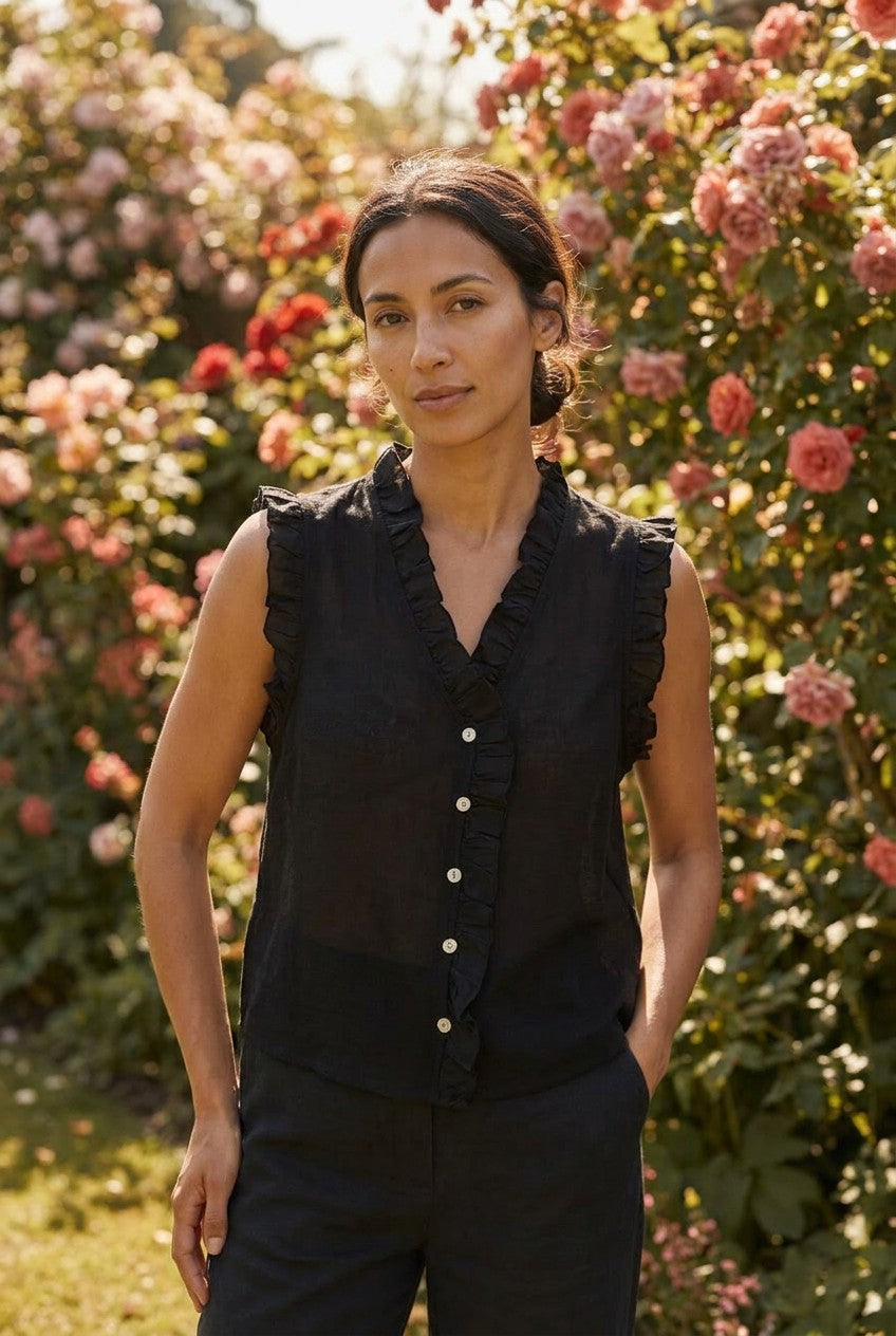 Black Washed Linen Frill Buttoned Vest Top, Garden Lifestyle — Urban Wild