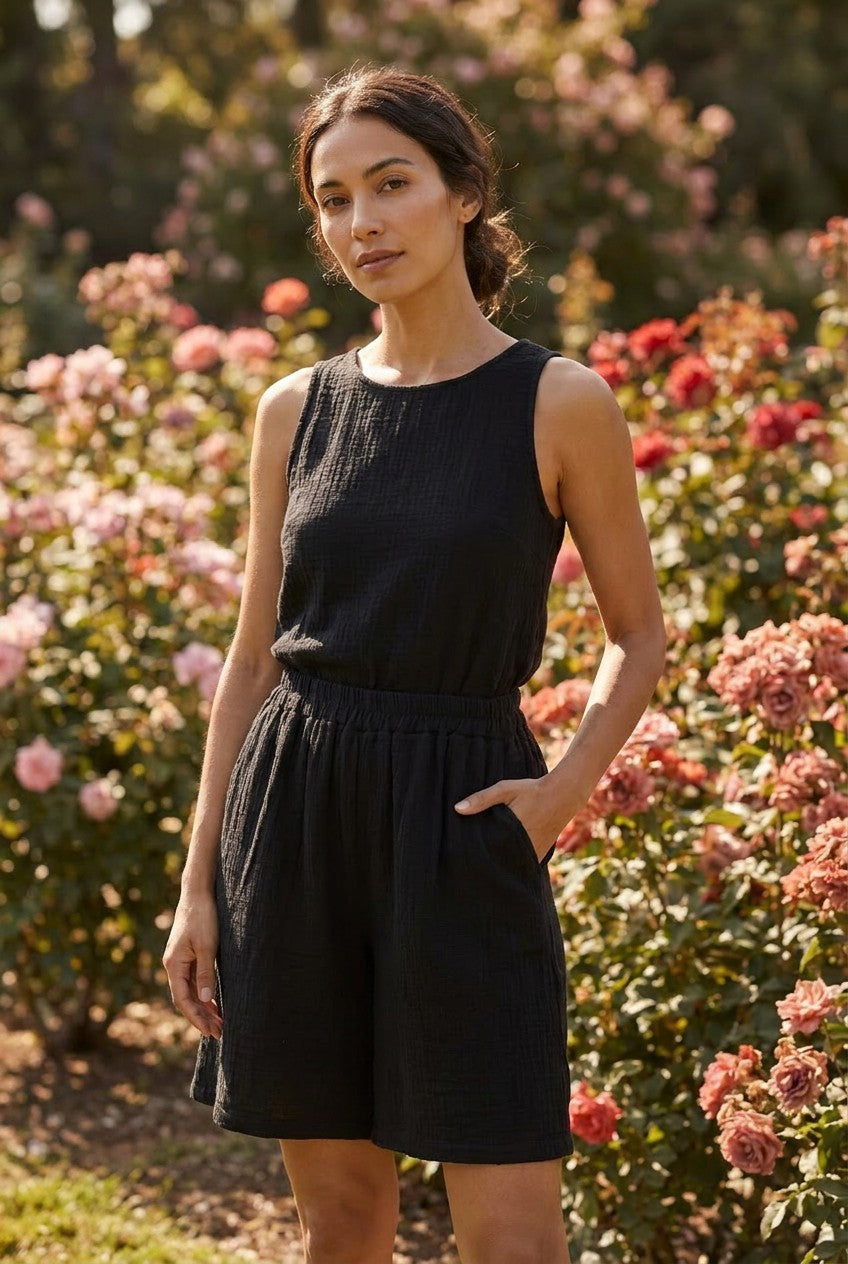 Black Washed Linen Elasticated Shorts garden