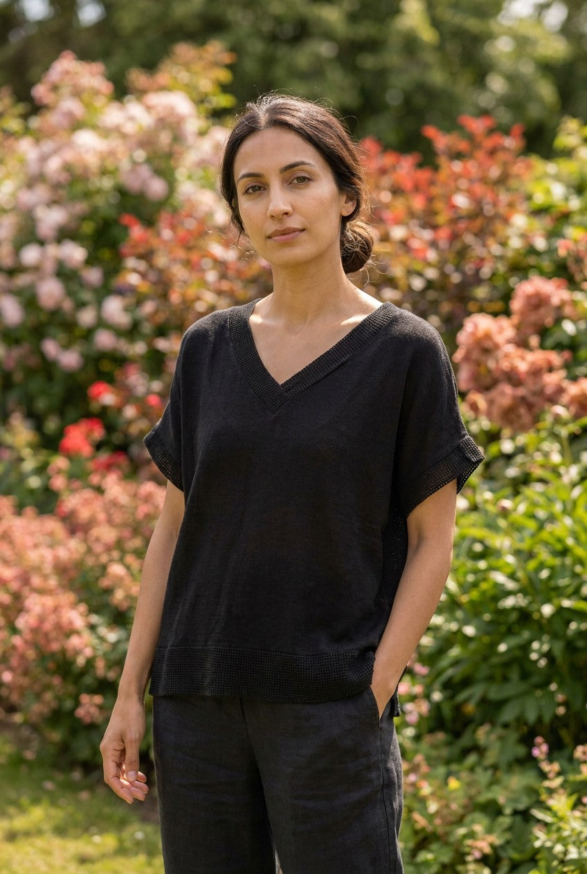 Black Washed Linen V-Neck Mesh Trim Top garden