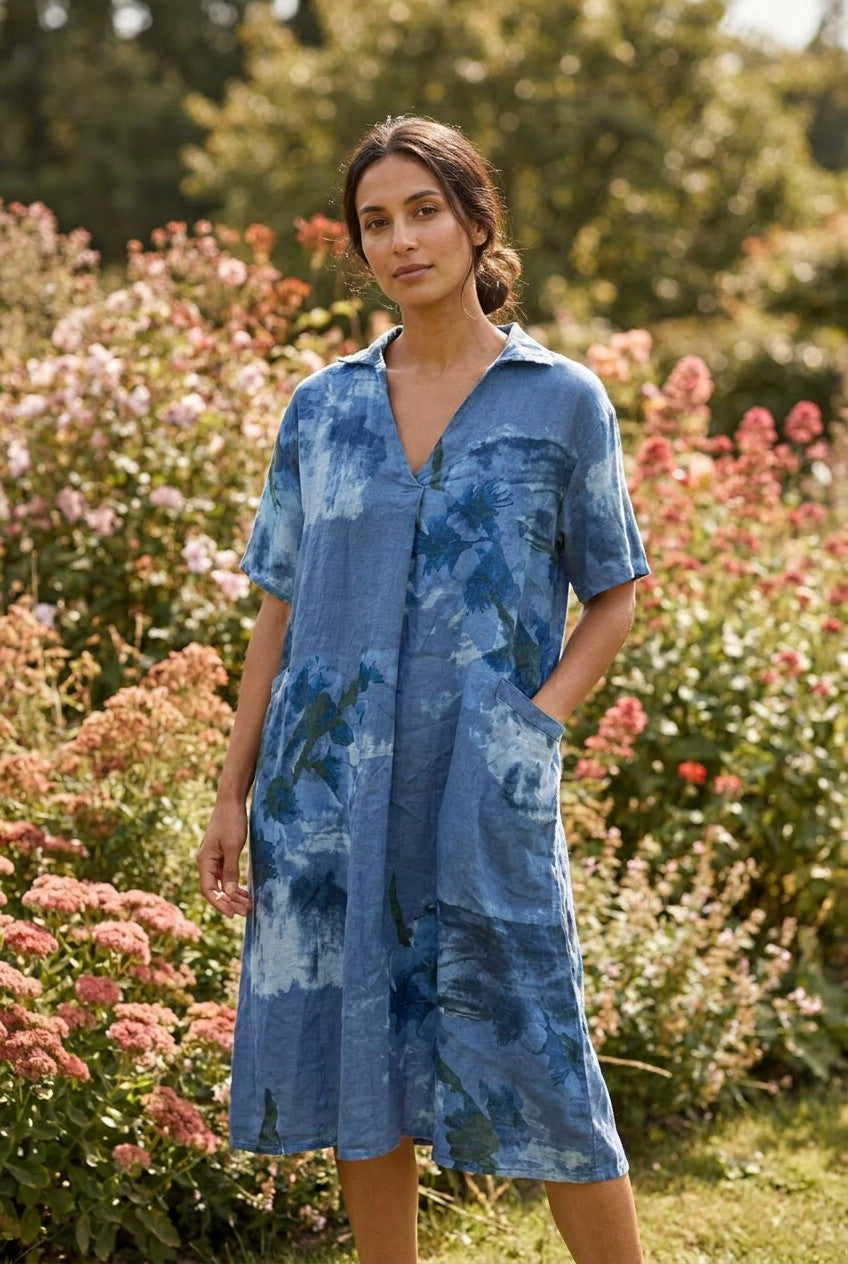 Blue Floral Linen Midi Shirt Dress, Garden Lifestyle — Urban Wild