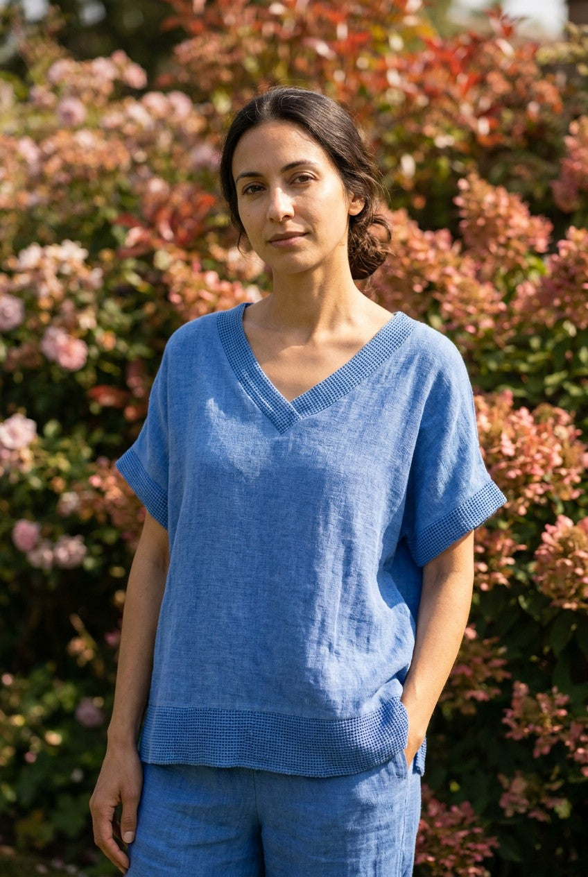 Cornflower Blue Washed Linen V-Neck Mesh Trim Top garden