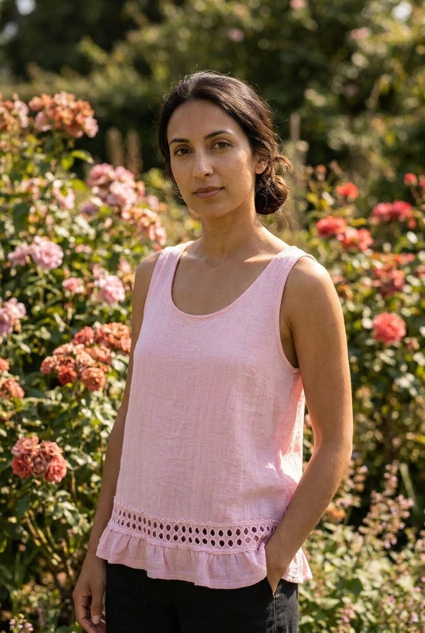 Candy Floss Pink Linen Cotton Lace Trim Vest Top garden
