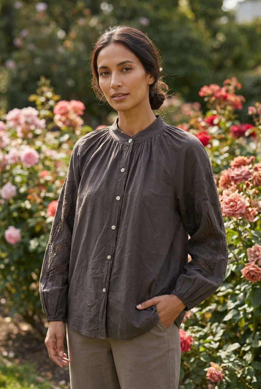 Chocolate Embroidered Cotton Balloon Sleeve Blouse, Garden Lifestyle — Urban Wild