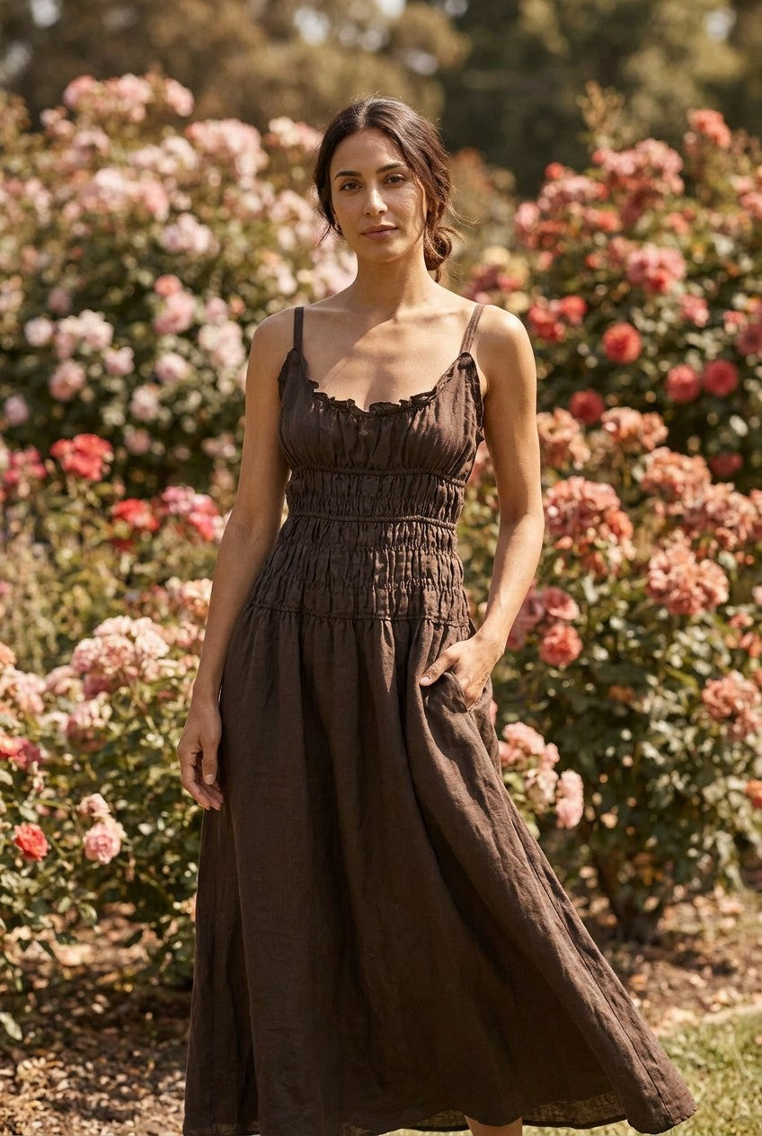 Coffee Brown Heavy Linen Smocked Maxi Dress garden