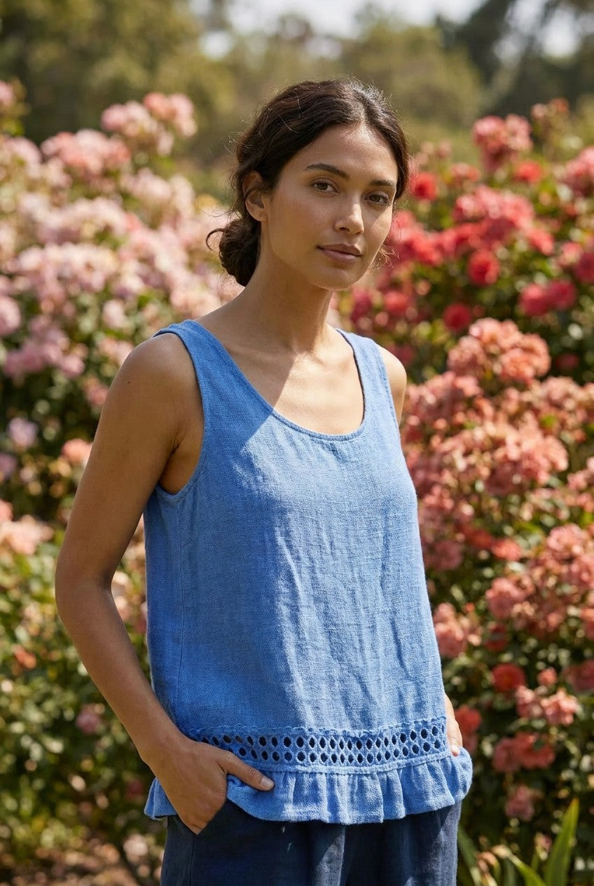 Cornflower Blue Linen Cotton Lace Trim Vest Top garden