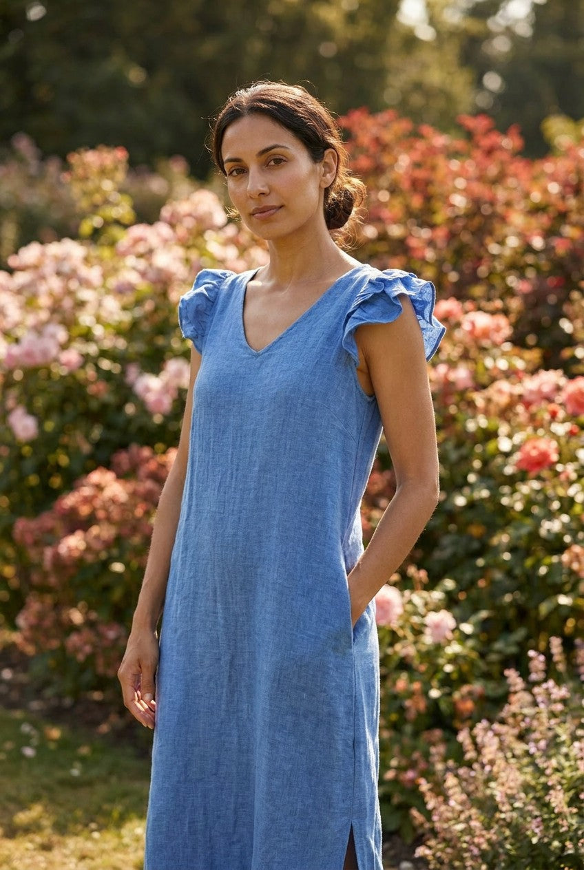 Cornflower Blue Washed Linen Frill Sleeve Midi Dress, Garden Lifestyle — Urban Wild