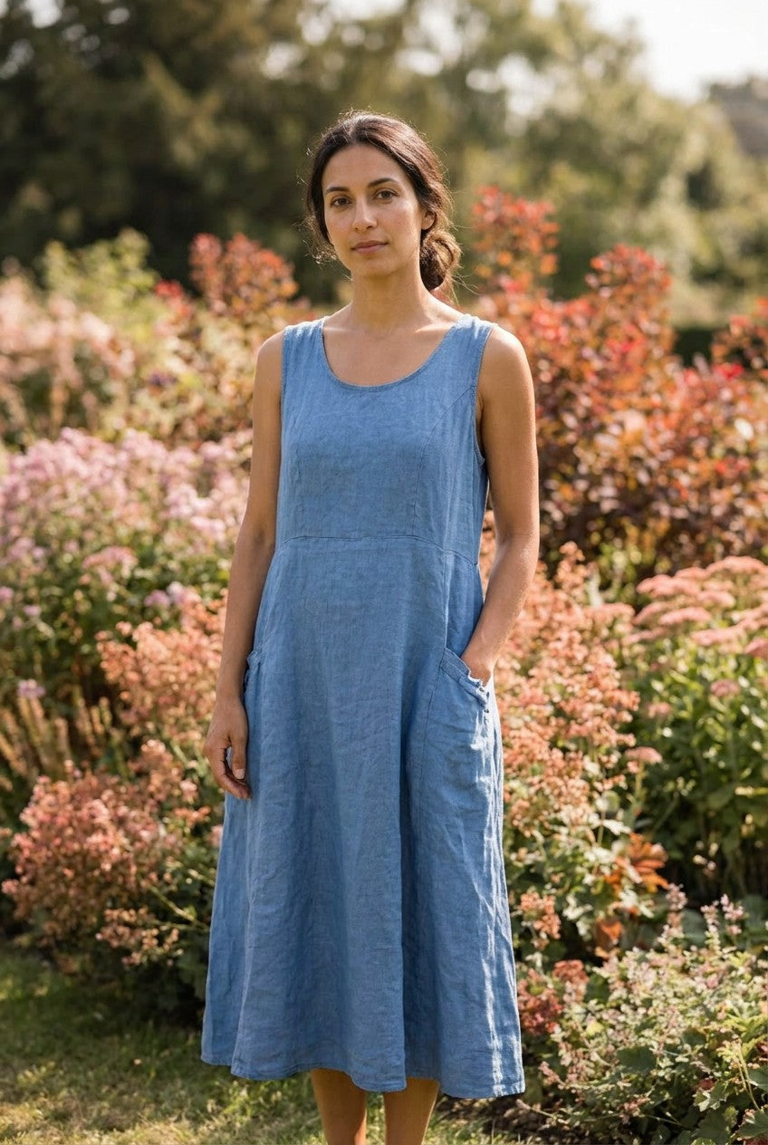 Denim Blue Linen Midi Dress with Pockets, Garden Lifestyle — Urban Wild