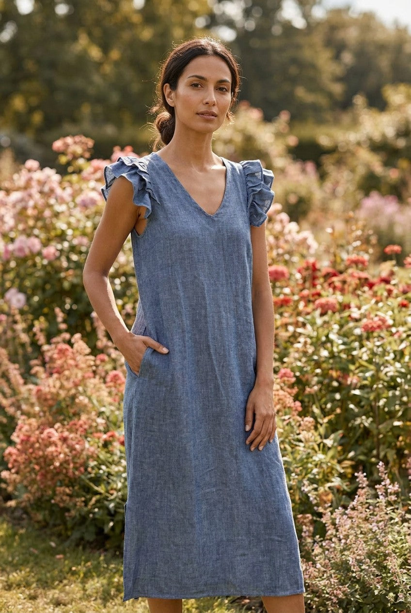Denim Blue Washed Linen Frill Sleeve Midi Dress, Garden Lifestyle — Urban Wild