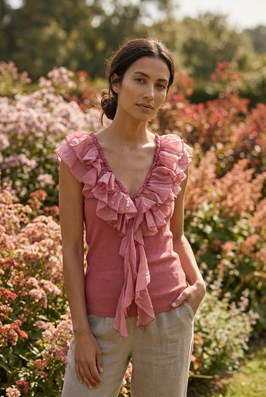 Dust Pink Ribbed Cotton Top with Silk Ruffle Trim, Garden Lifestyle — Urban Wild
