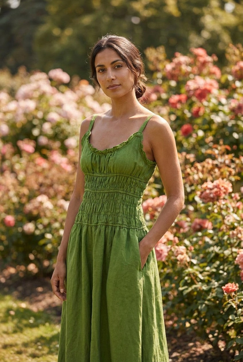 Forest Green Heavy Linen Smocked Maxi Dress garden