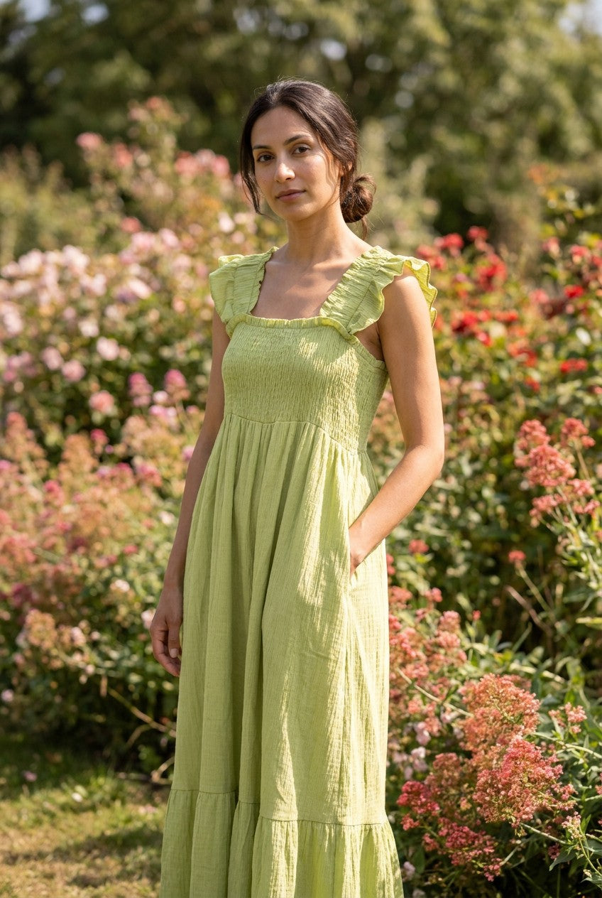 Green Crinkle Frill Strap Tiered Maxi Dress garden