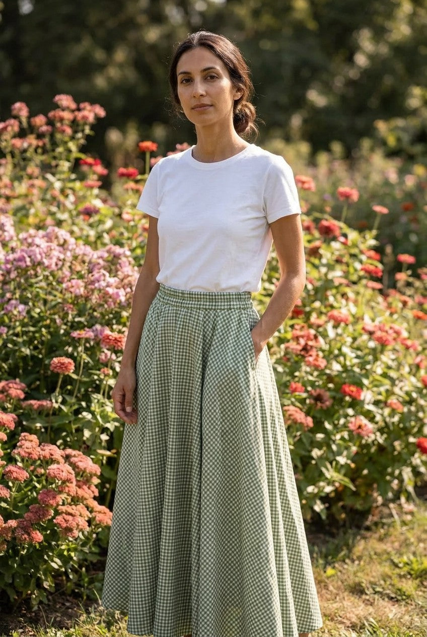 Green Gingham Cotton Maxi Skirt garden