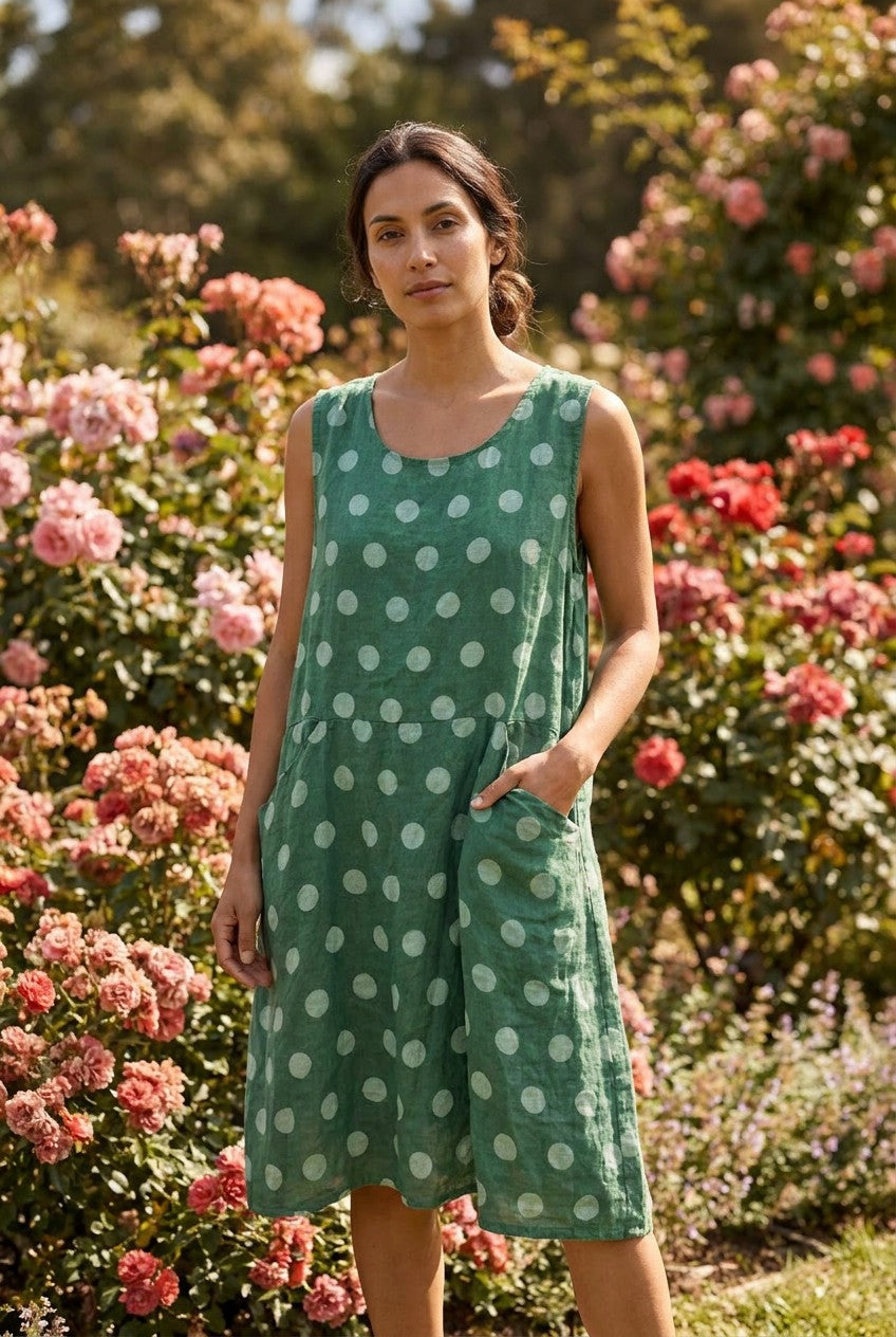 Green Polka Dot Linen Pocket Dress, Garden Lifestyle — Urban Wild