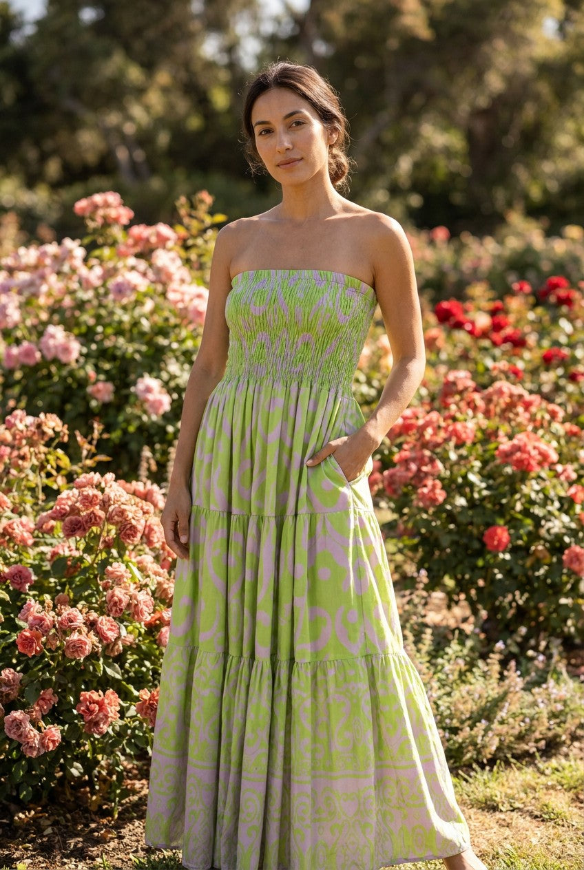 Green Viscose Tiered Skirt Dress, Garden Lifestyle — Urban Wild