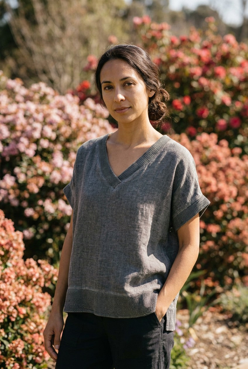 Grey Washed Linen V-Neck Mesh Trim Top garden