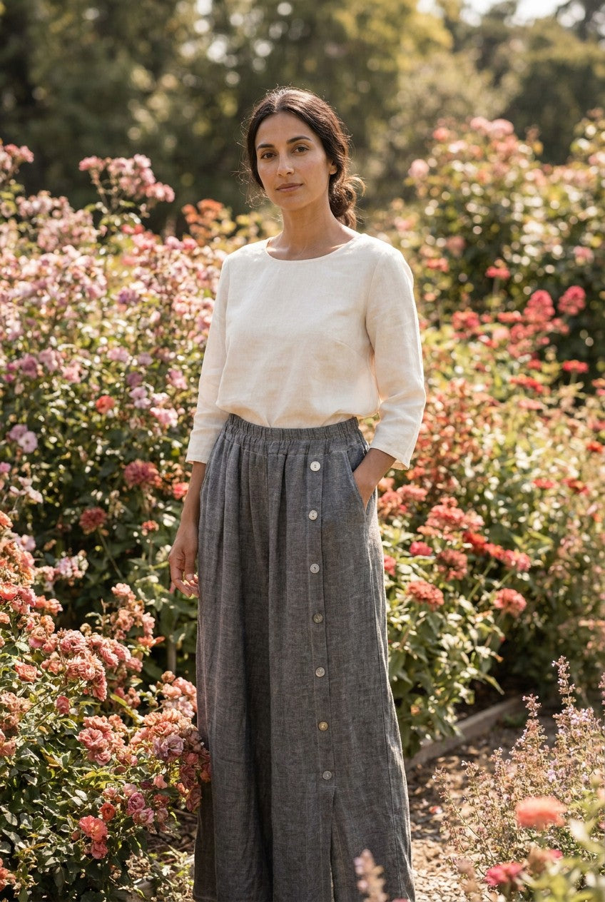 Grey Washed Linen Wide-Leg Side Button Palazzo Trousers garden