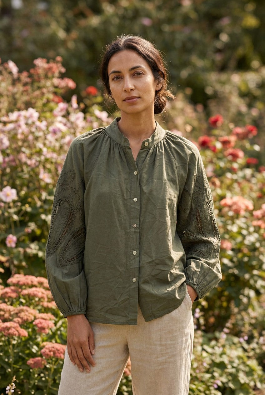 Khaki Embroidered Cotton Balloon Sleeve Blouse, Garden Lifestyle — Urban Wild