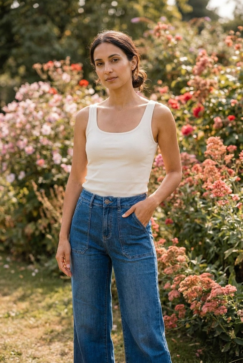 Mid Wash Blue High-Waisted Wide Leg Jeans garden