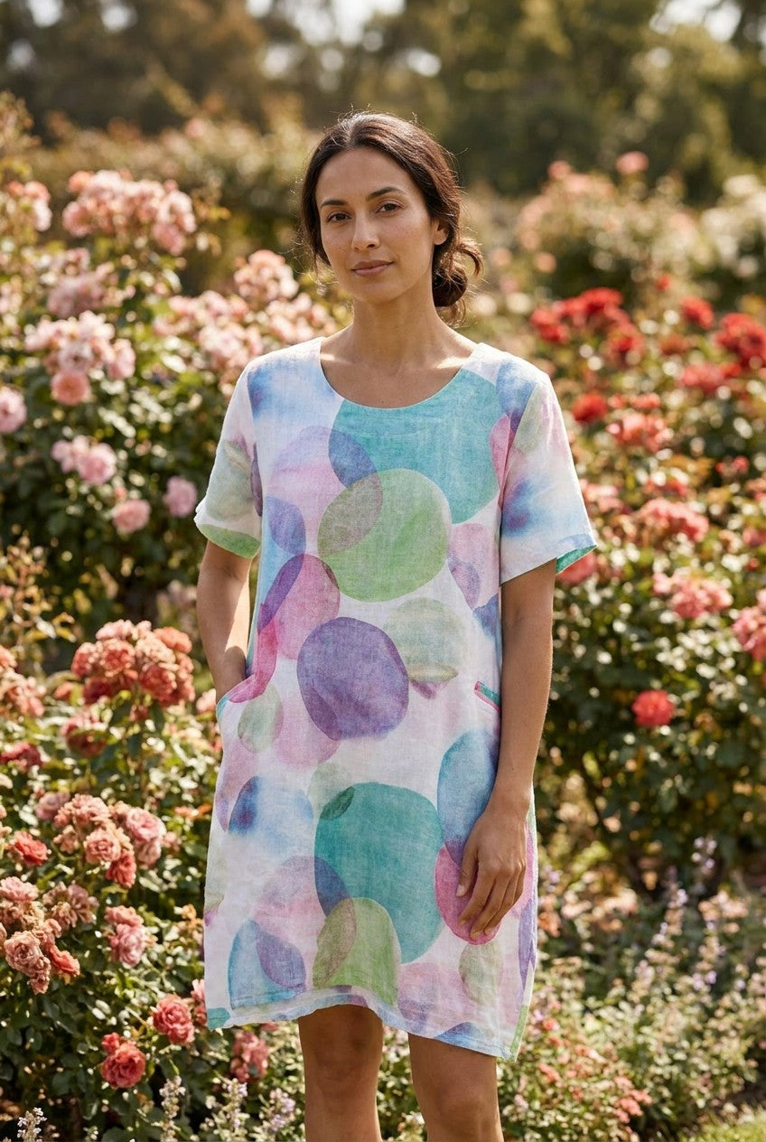 Multicolour Bubble Print Linen Tunic Dress, Garden Lifestyle — Urban Wild