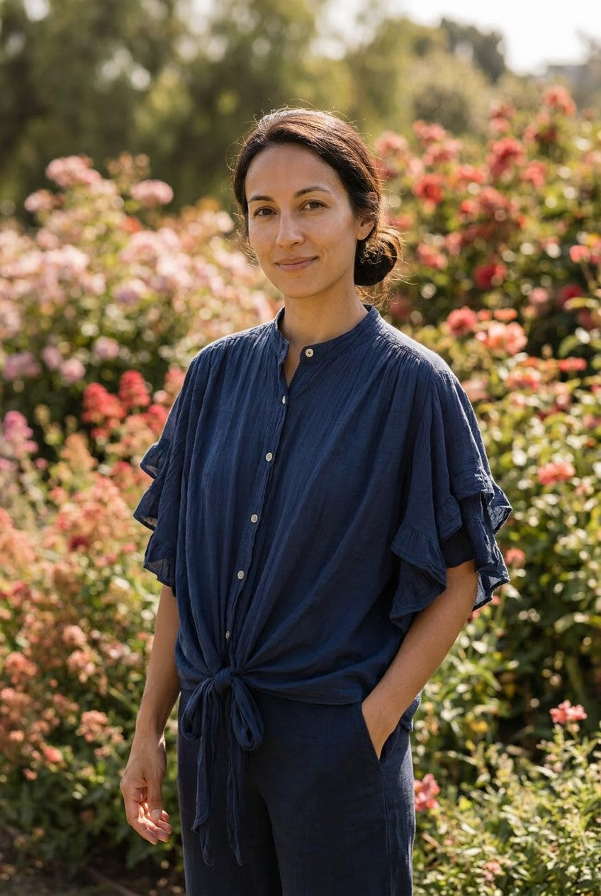 Navy Cotton Ruffle Sleeve Tie-Front Blouse, Garden Lifestyle — Urban Wild