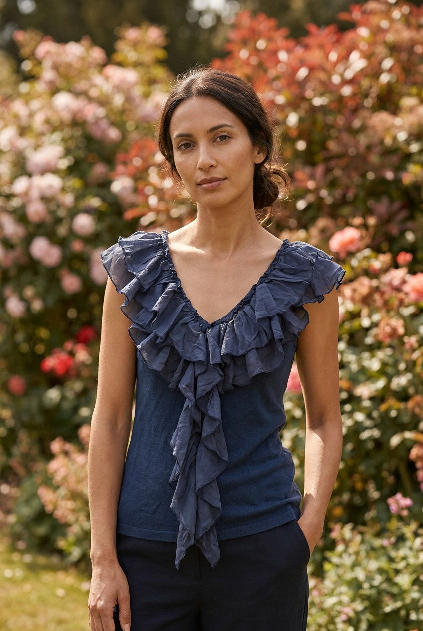 Navy Ribbed Cotton Top with Silk Ruffle Trim, Garden Lifestyle — Urban Wild