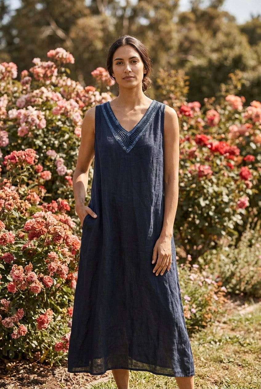 Navy Linen Sequin V-Neck Maxi Dress, Garden Lifestyle — Urban Wild