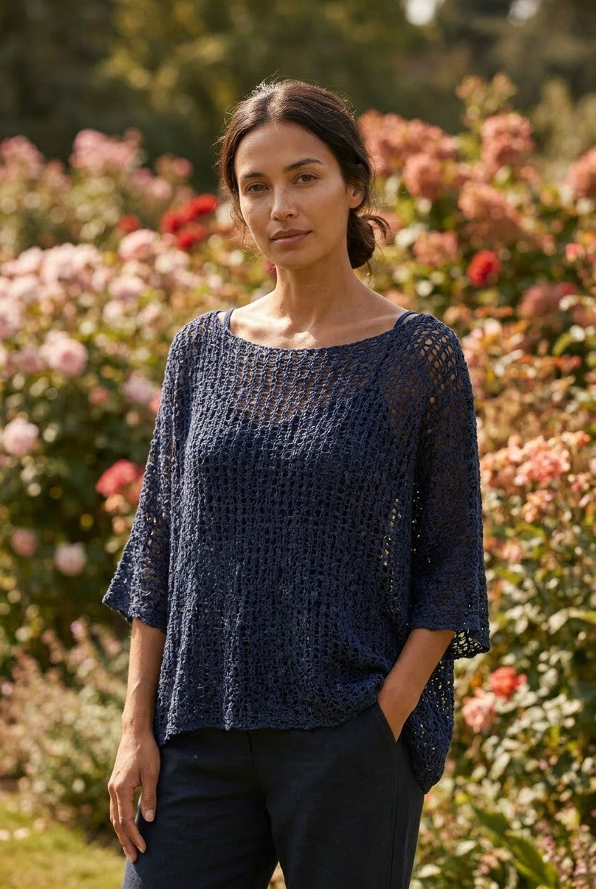 Navy Blue Open Weave Knit Poncho Top, Garden Lifestyle — Urban Wild