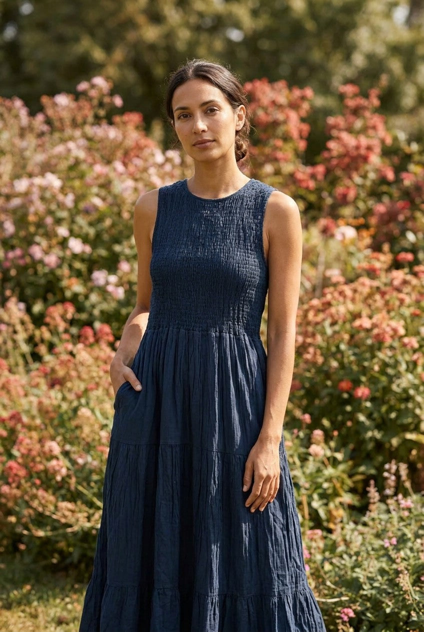 Navy Smocked Cotton Tiered Midi Dress, Garden Lifestyle — Urban Wild
