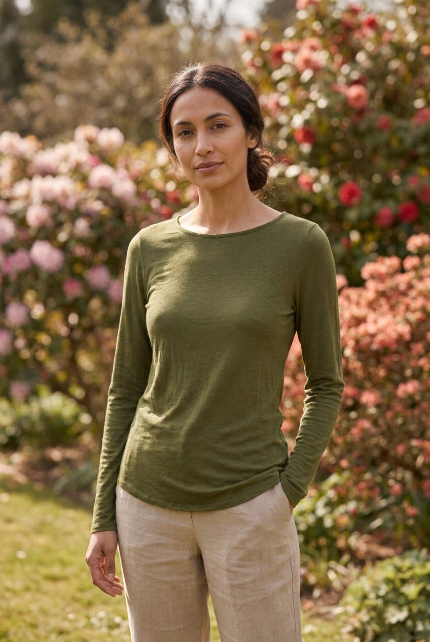 Olive Green Modal Cashmere Long Sleeve Top, Garden Lifestyle — Urban Wild