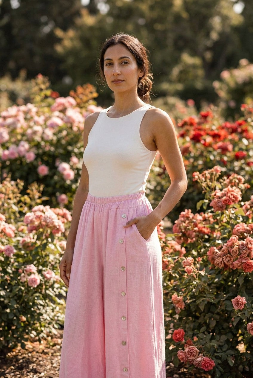 Pink Washed Linen Wide-Leg Side Button Palazzo Trousers garden