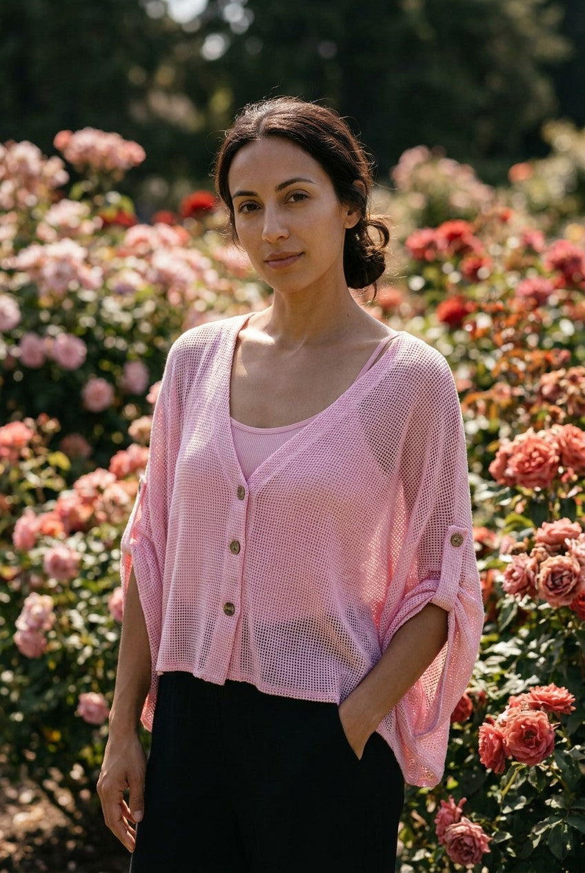 Pink Washed Linen Mesh Button Cardigan garden