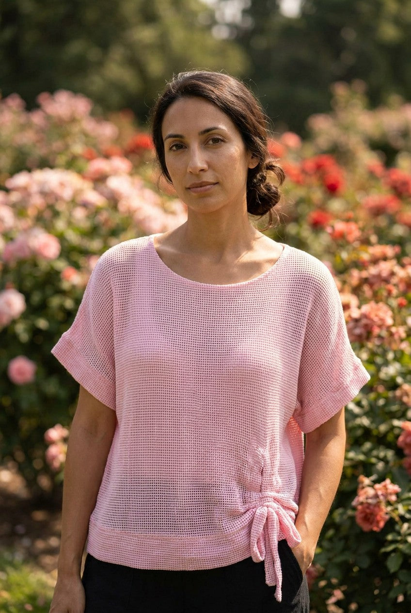 Pink Washed Linen Mesh Ruched Top garden