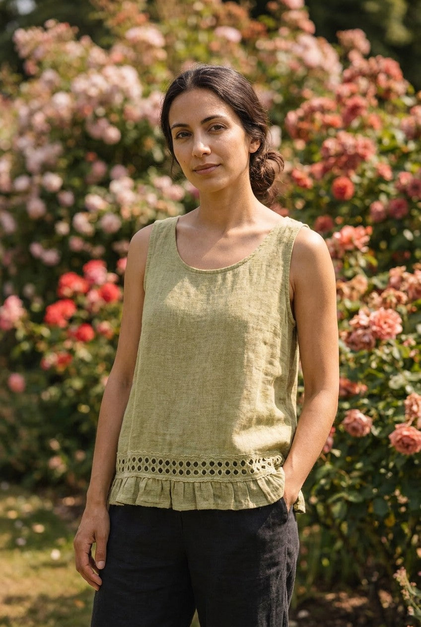 Pistachio Linen Cotton Lace Trim Vest Top garden