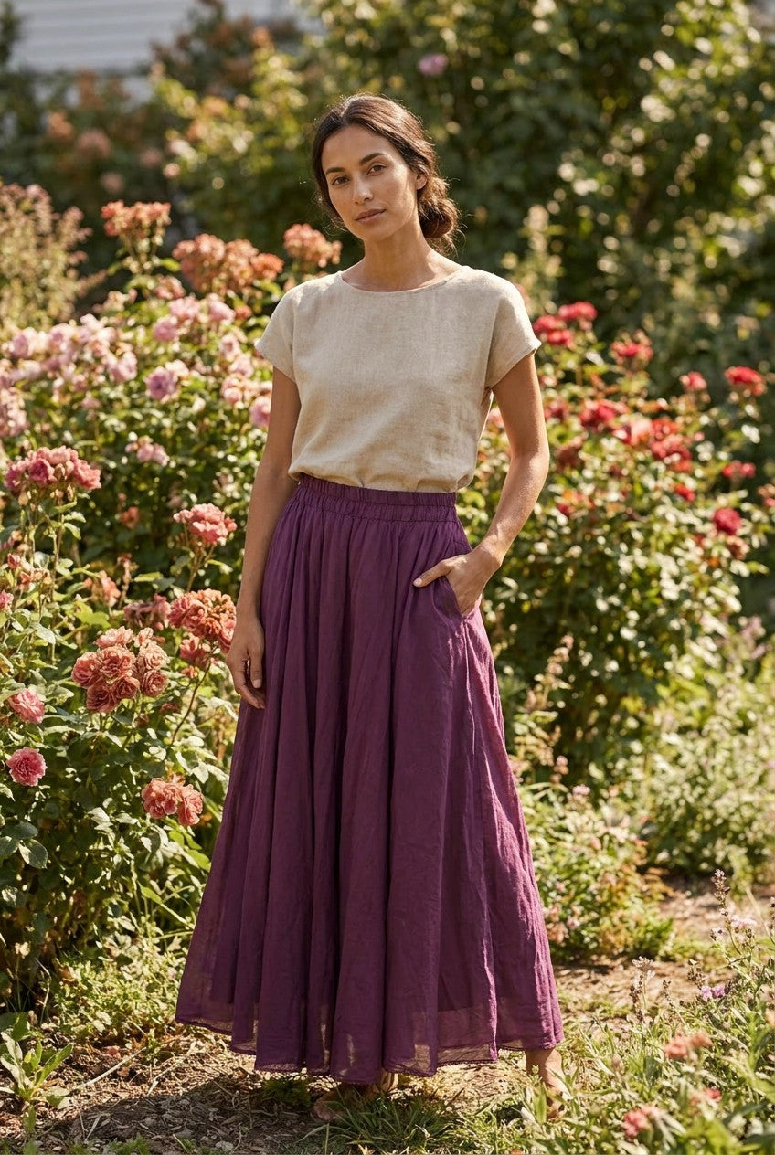 Plum Cotton Maxi Skirt with Elasticated Waist, Garden Lifestyle — Urban Wild