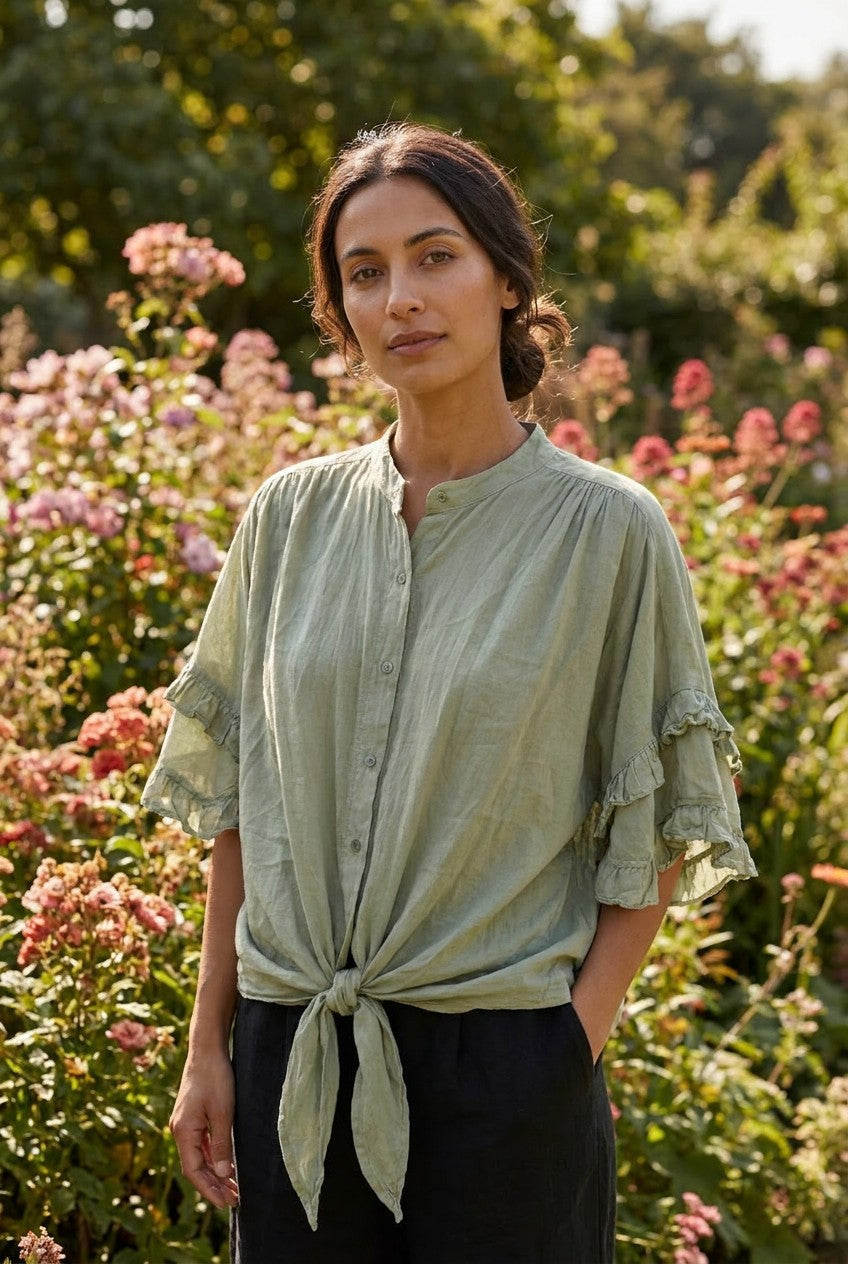 Sage Green Cotton Ruffle Sleeve Tie-Front Blouse, Garden Lifestyle — Urban Wild