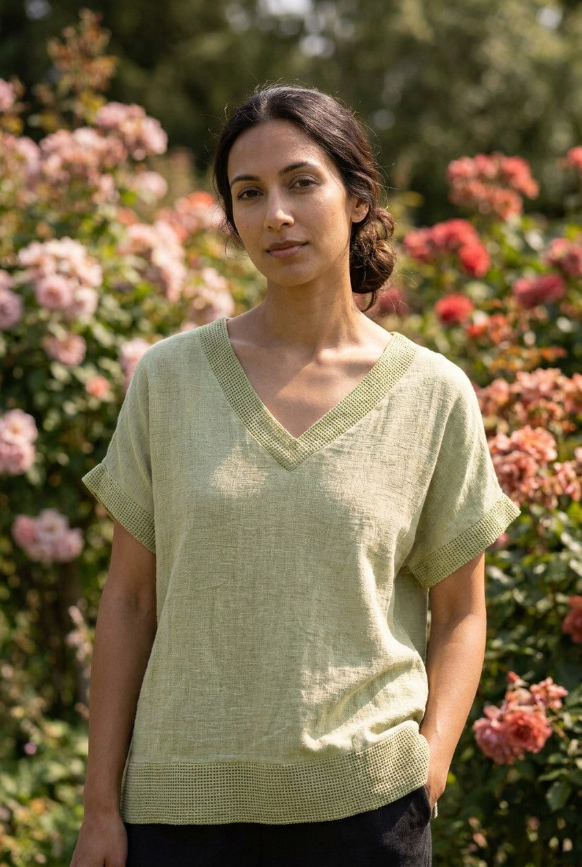 Sage Washed Linen V-Neck Mesh Edged Top garden