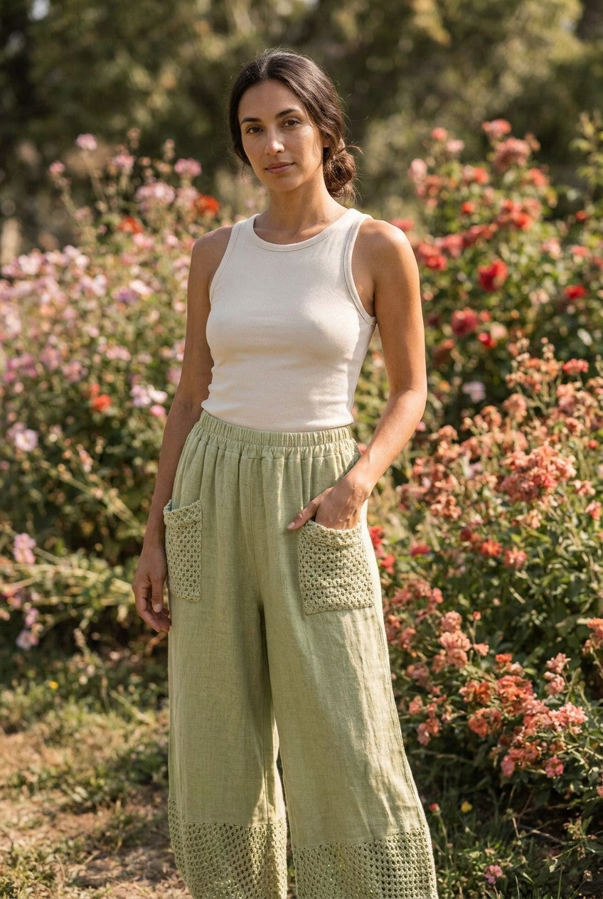 Sage Washed Linen Mesh Pocket Wide-Leg Trousers garden