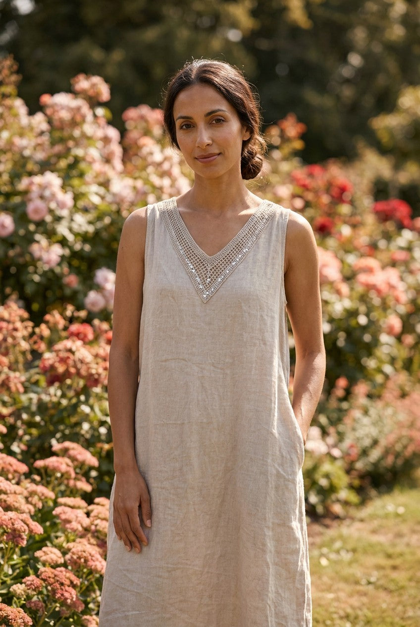 Stone Linen Sequin V-Neck Maxi Dress, Garden Lifestyle — Urban Wild