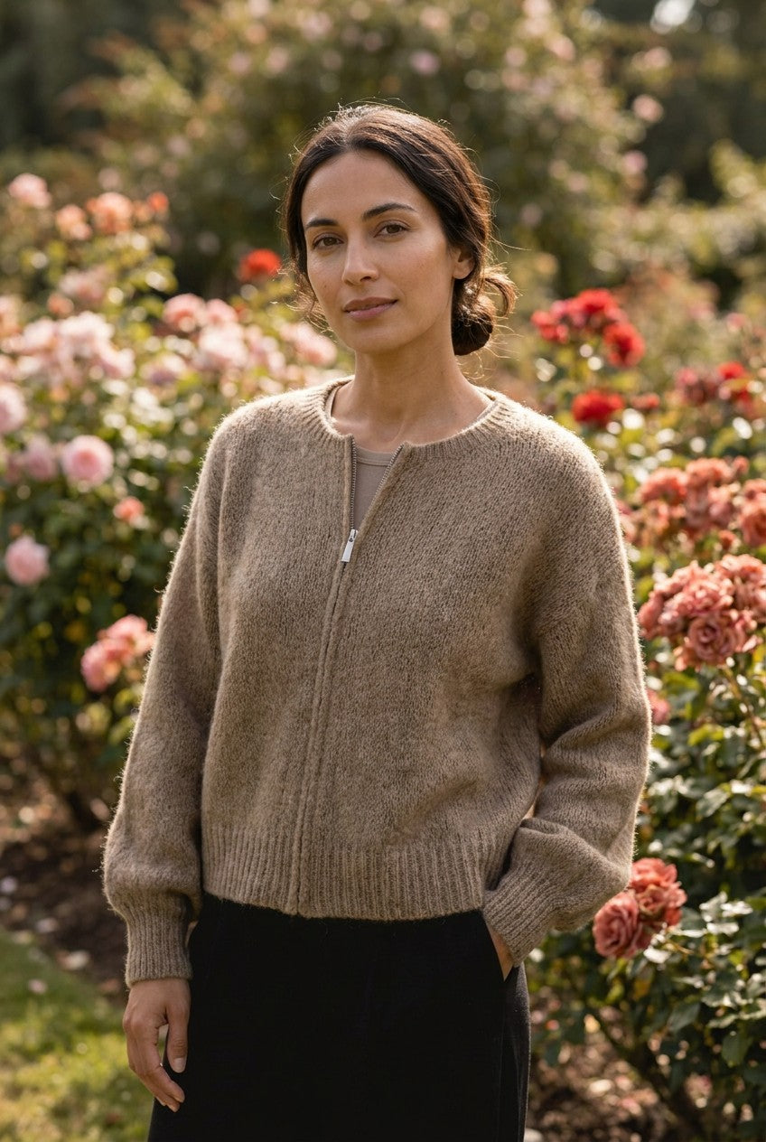 Taupe Mohair Zip-Up Knit Cardigan, Garden Lifestyle — Urban Wild
