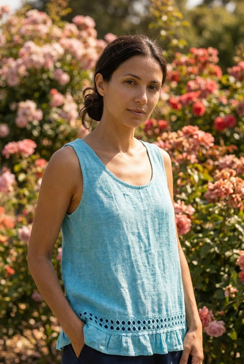 Turquoise Linen Cotton Lace Trim Vest Top, Garden Lifestyle — Urban Wild