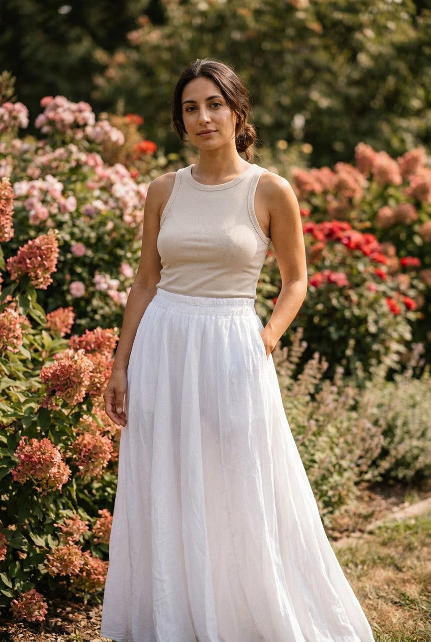 White Cotton Maxi Skirt with Elasticated Waist, Garden Lifestyle — Urban Wild