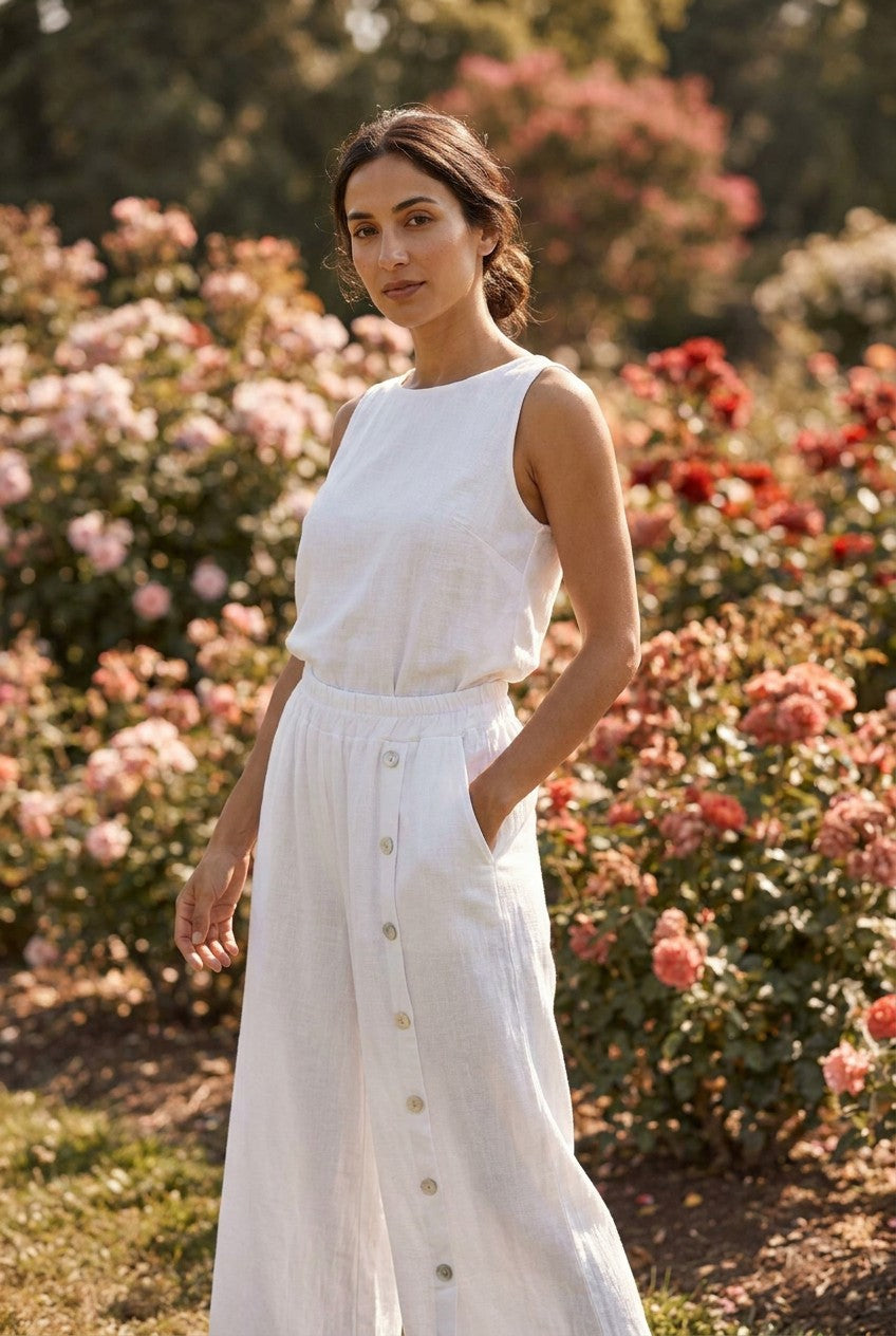 White Washed Linen Wide-Leg Side Button Palazzo Trousers garden