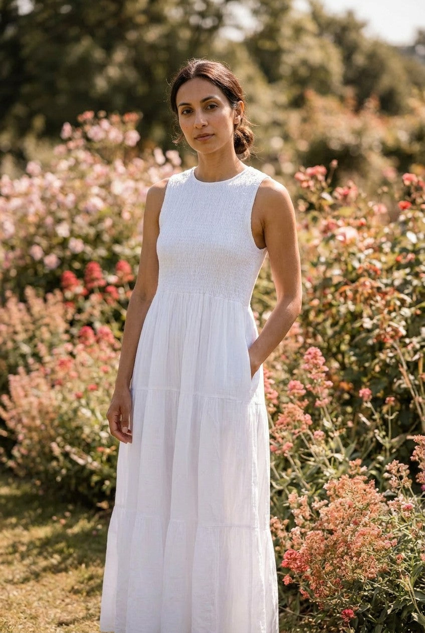 White Smocked Cotton Tiered Midi Dress, Garden Lifestyle — Urban Wild