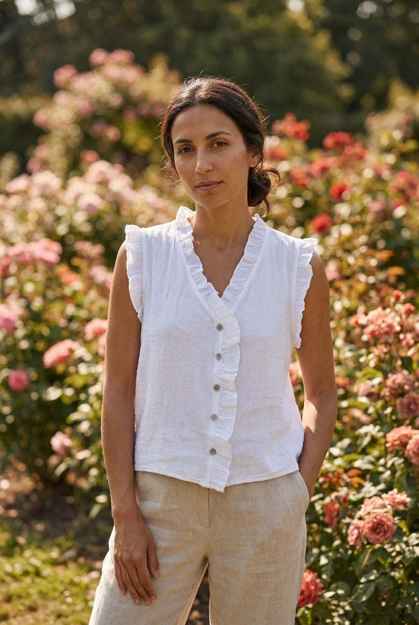 White Washed Linen Frill Buttoned Vest Top, Garden Lifestyle — Urban Wild