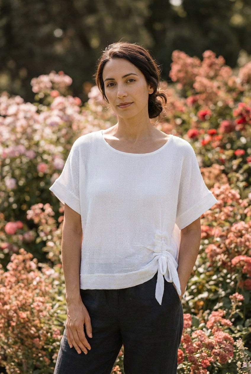 White Washed Linen Mesh Ruched Top garden